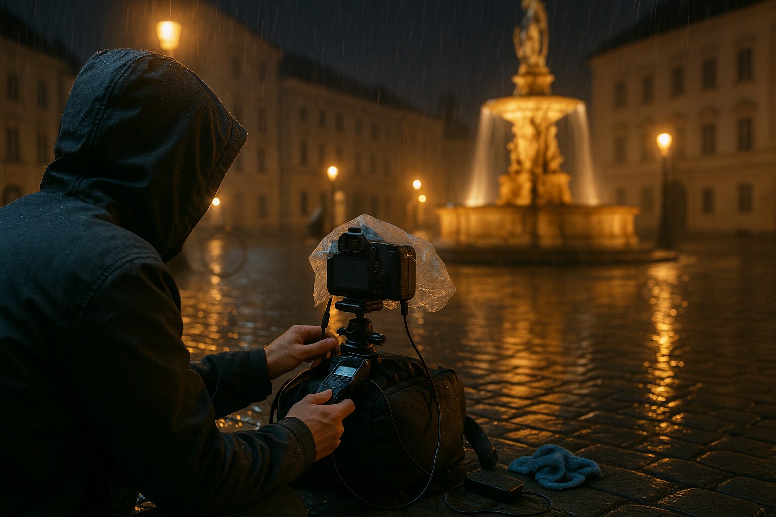 Mehr über den Artikel erfahren Langzeitbelichtung im Regen – Nachtfotografie am Brunnen